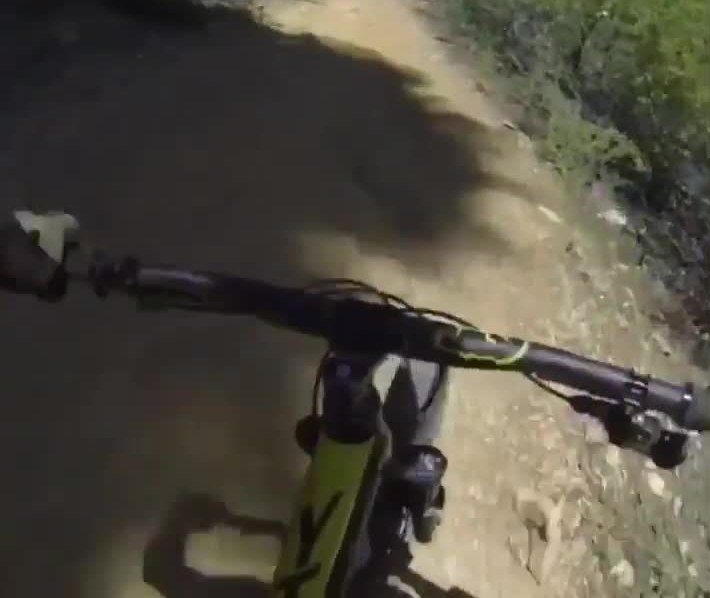 Helmet-camera view of a mountain bike trail near Lake Tahoe