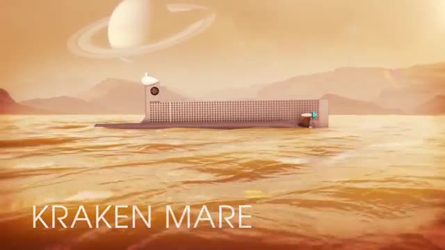 A submarine on an orange sea with a ringed planet behind it.