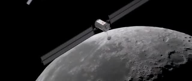 A spacecraft in orbit above the Moon.