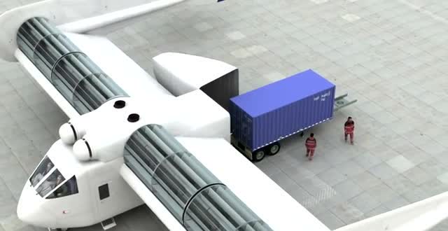 A cargo aircraft with long barrel fans set into the wings