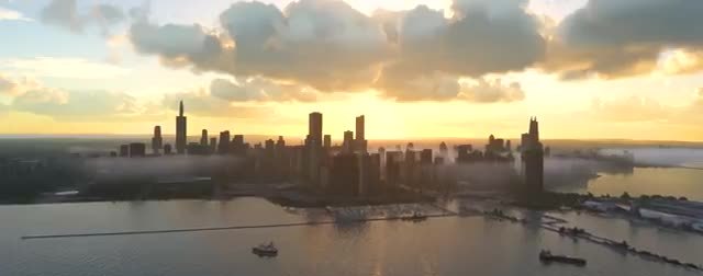A rendered city skyline at sunset across a wide river, with a small boat.