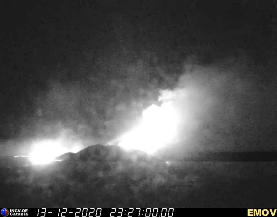 Night camera of Mount Etna erupting with a bright ash plume, Dec 2020