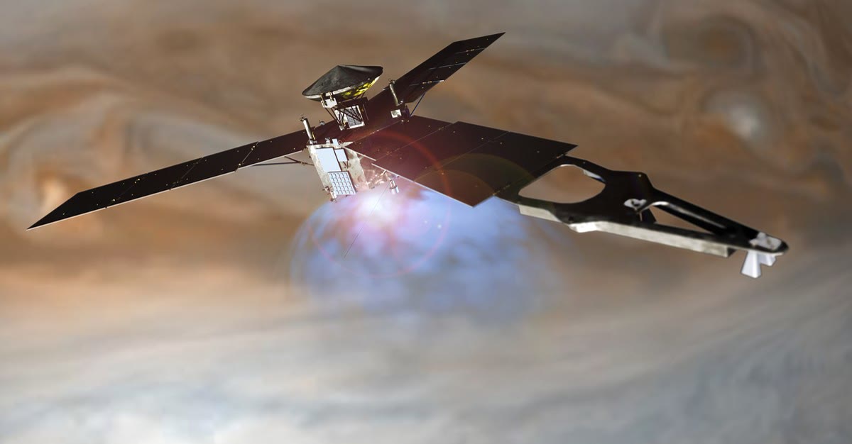 A spacecraft with long solar wings and a bright engine plume over banded clouds.