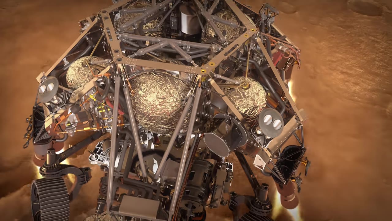 Sky crane thrusters firing above Perseverance as dust rises on Mars