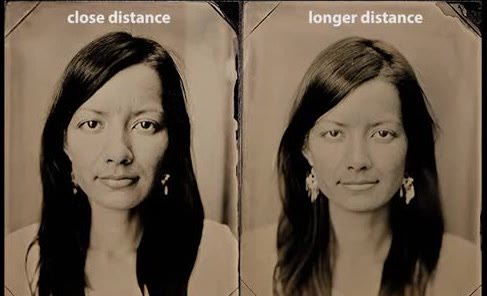 Two portraits of the same person, labeled close distance and longer distance.