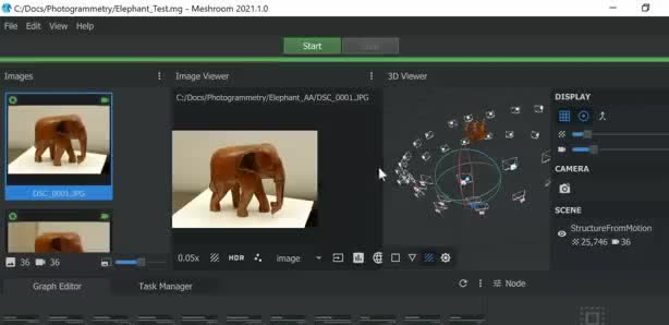 Photogrammetry software showing photos of a carved elephant and a 3D camera layout.