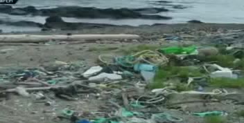 Plastic bottles, rope, and debris scattered on a beach.