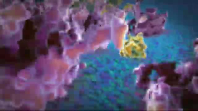 A yellow mitochondrion between purple folded membranes.
