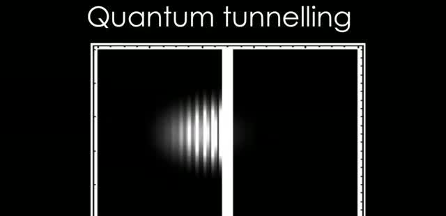 A diagram of a wave passing a barrier.
