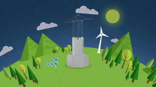 A cartoon tower of grey blocks with cranes on top, beside a wind turbine and solar panels.