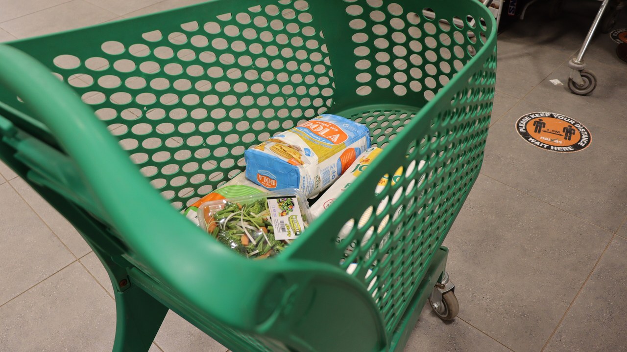 A shopping cart in a supermarket
