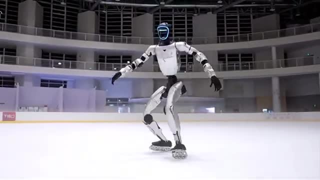 A humanoid robot balancing on an ice rink.