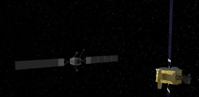 A servicing satellite with long solar wings approaching a gold satellite in orbit