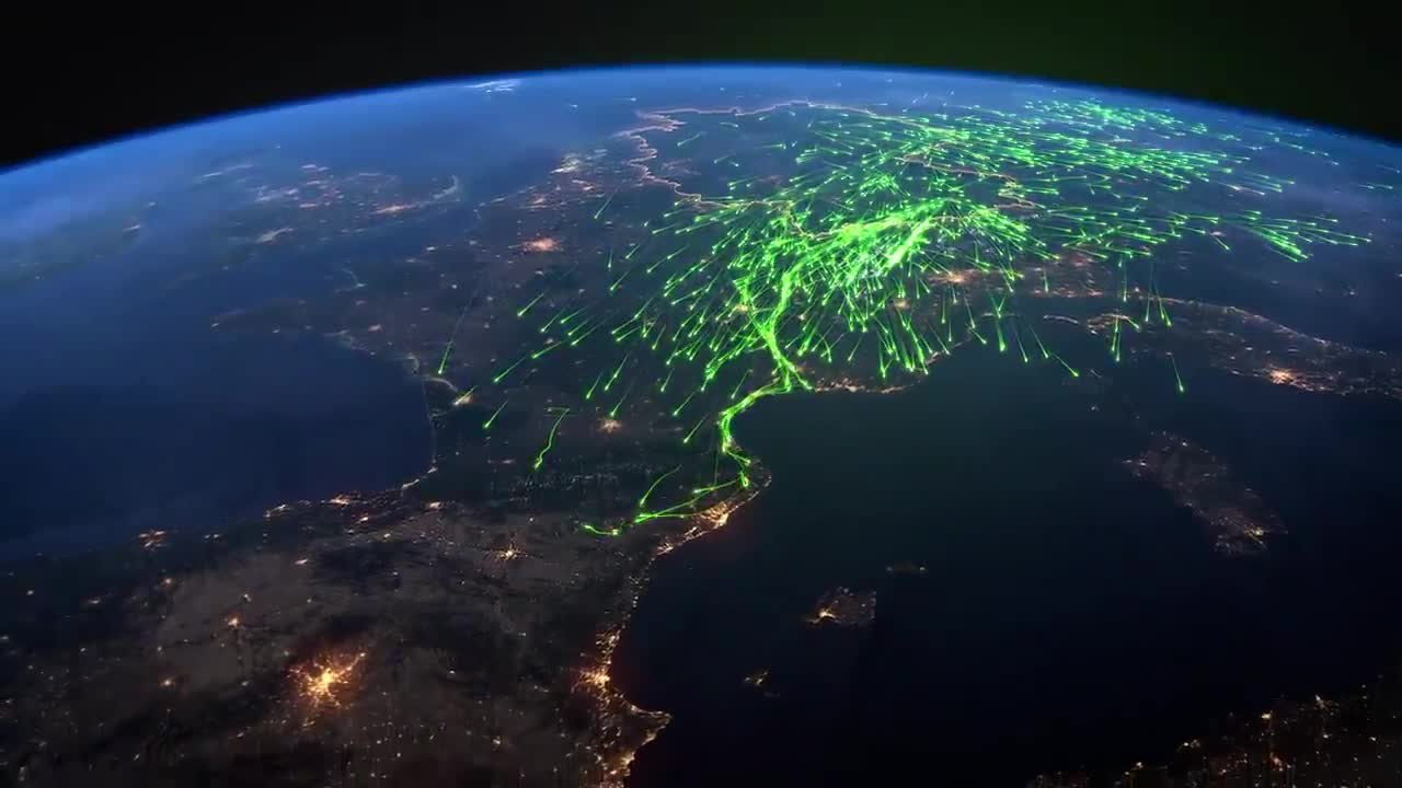Green flight tracks streaming over Europe at night, seen from orbit.