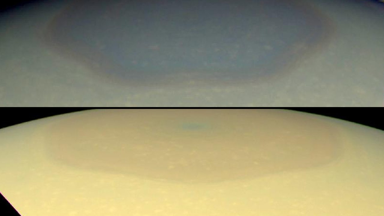 Saturn’s north polar hexagon seen by Cassini, bluish in 2012 (top) and golden in 2016 (bottom).