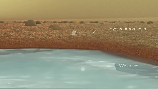 Cutaway of Titan ground with a hydrocarbon layer over a pale blue water-ice layer