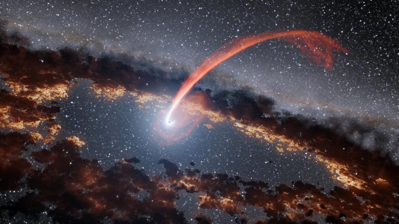 Illustration of a glowing stream of material from a star being torn apart and swallowed by a supermassive black hole, surrounded by dust.