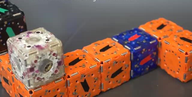 Orange, blue, and clear cube robots climbing and lining up on a table.