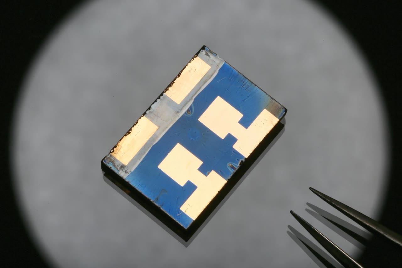 A small blue and gold solar cell under a round spotlight, with tweezer tips at the edge.