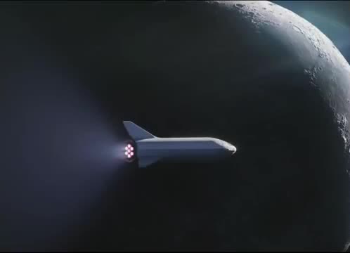 A spacecraft firing its engines near the Moon.