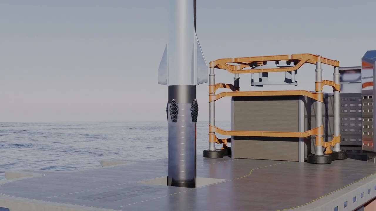 Animated Starship standing on a floating ocean platform with orange crane frames