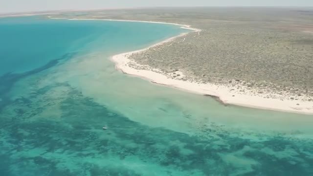 Aerial view of a white beach between turquoise reef water and low green scrub.