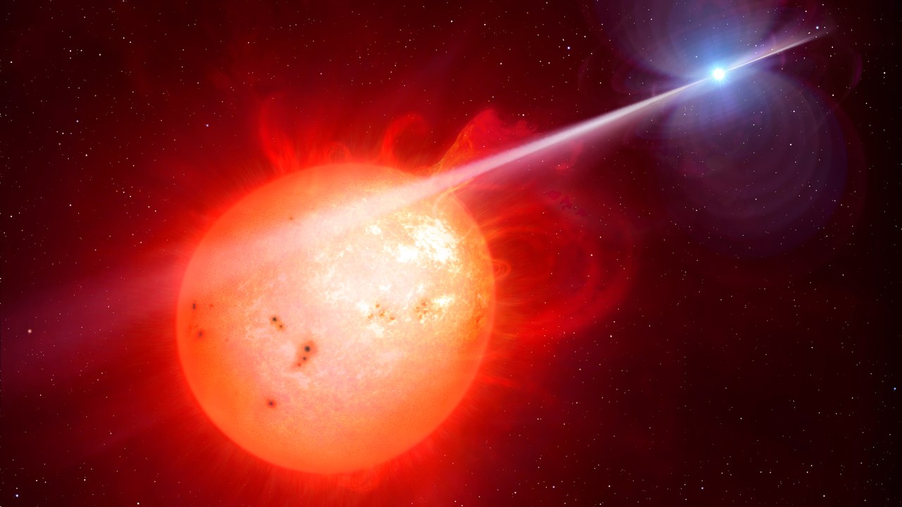 Artist's impression of the white dwarf in AR Scorpii lashing its red dwarf companion with a beam of particles