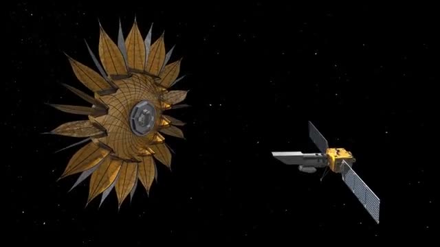 A flower-shaped starshade flying ahead of a space telescope