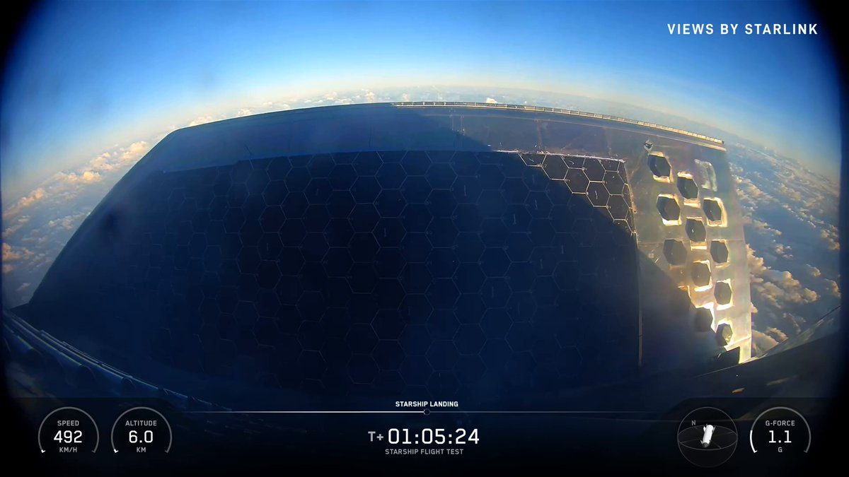 Starship Flight 12 ship over the Indian Ocean before splashdown, onboard camera view