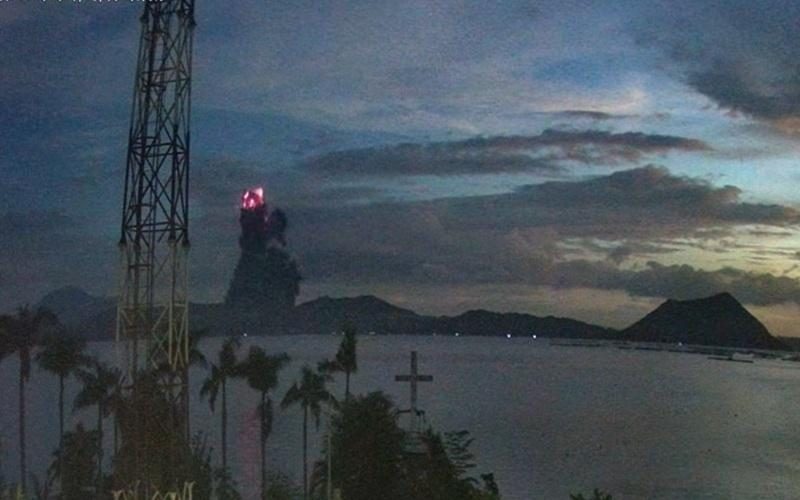 Taal Volcano eruption plume at dusk, October 8, 2026