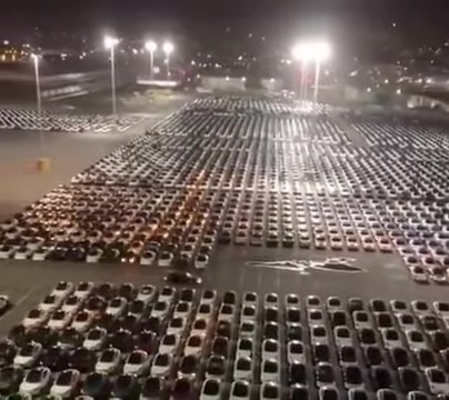 Rows of Tesla cars parked at night under floodlights