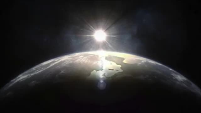 Earth's curved horizon with the Sun flaring above the clouds.
