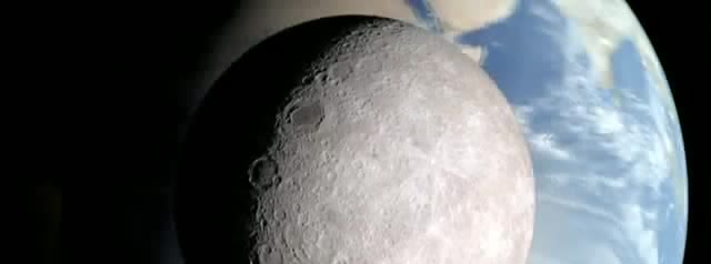 The cratered far side of the Moon in front of Earth.
