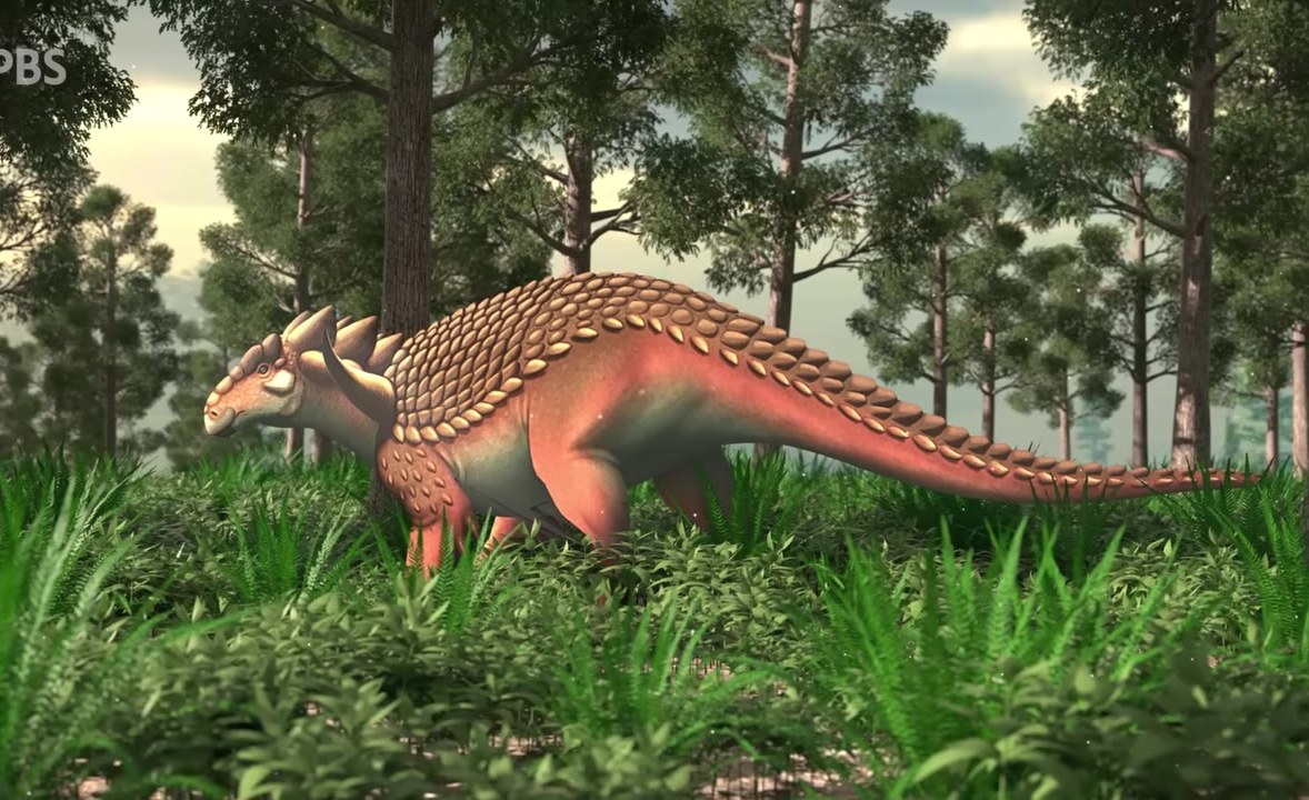 Armored nodosaur walking through a coastal forest