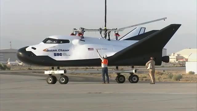 Dream Chaser spacecraft on a runway dolly