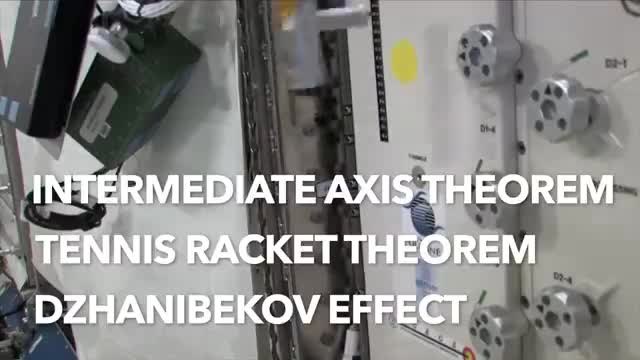 A title card naming the intermediate axis theorem, the tennis racket theorem, and the Dzhanibekov effect.