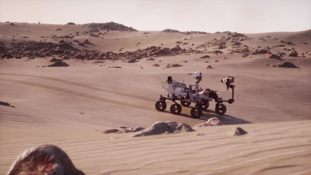 Perseverance rover on rocky Martian terrain under a hazy sky