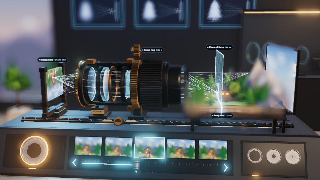 A camera lens opened up on a 3D lens bench, with the plane of focus cutting through a tiny valley