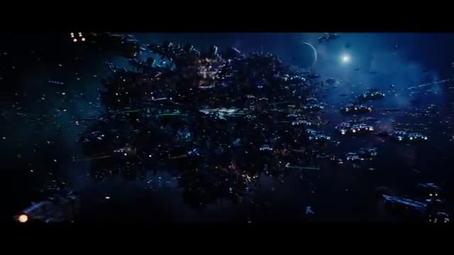 A dark floating city of lights in space.