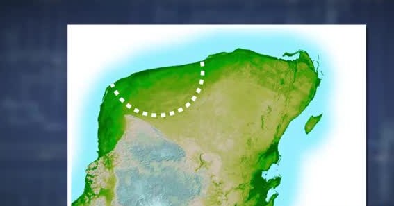 A coastal map with a dashed arc marking a large impact crater.