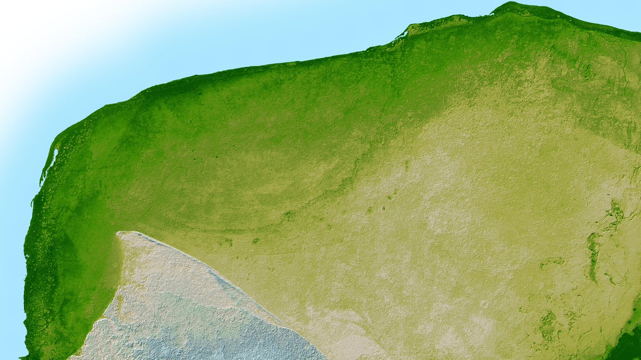 Shaded-relief radar map of the northwest Yucatán Peninsula, where a faint curved trough traces the buried rim of the Chicxulub crater.