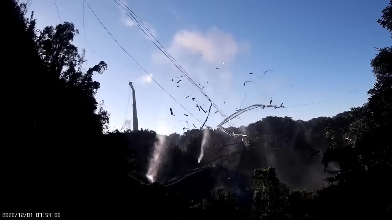 Arecibo platform cables snapping as debris falls through the trees