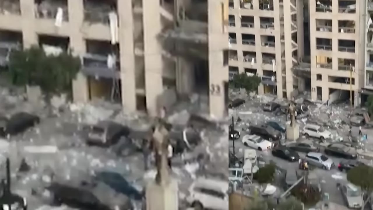 Shattered concrete building and rubble after a blast wave