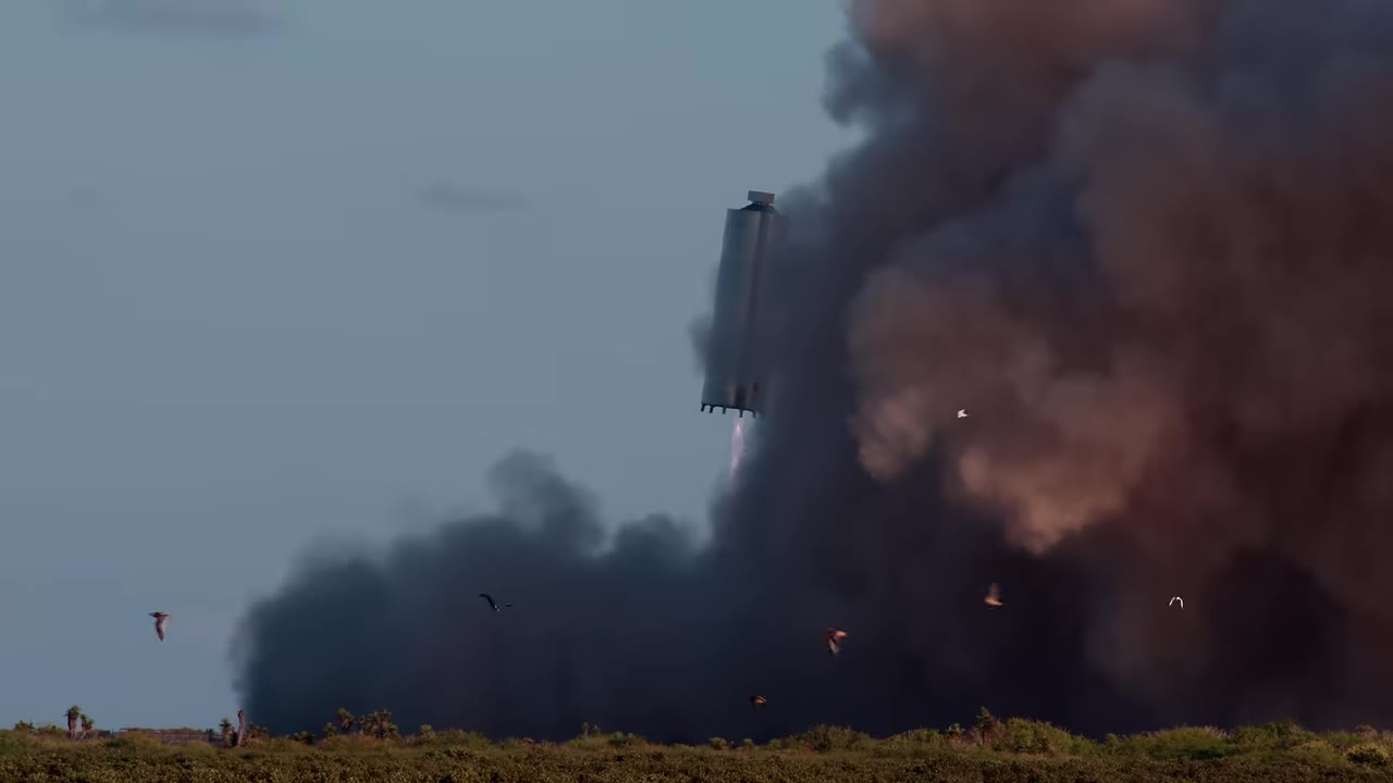 Starship prototype climbing beside a dark exhaust plume