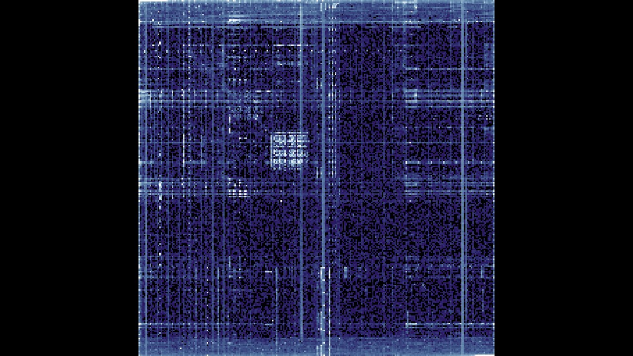 Byte-pair plot of a program file, with structure showing as bright lines and blocks
