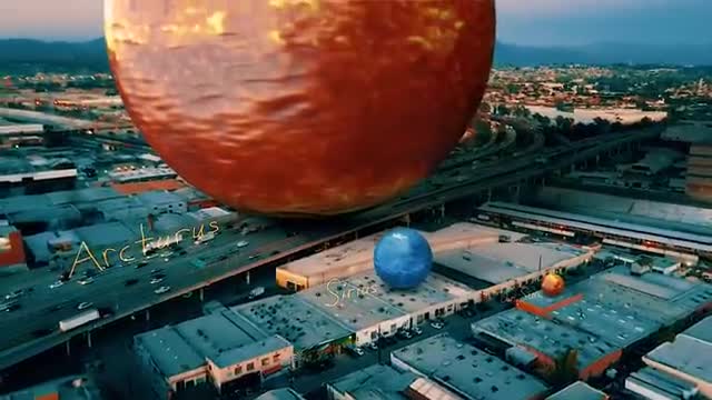 Stars compared against a city skyline to show cosmic scale.