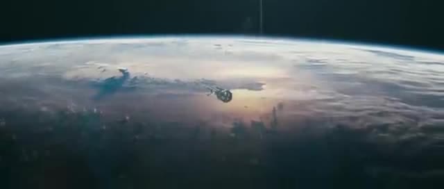 A small spacecraft above a sunlit planet.