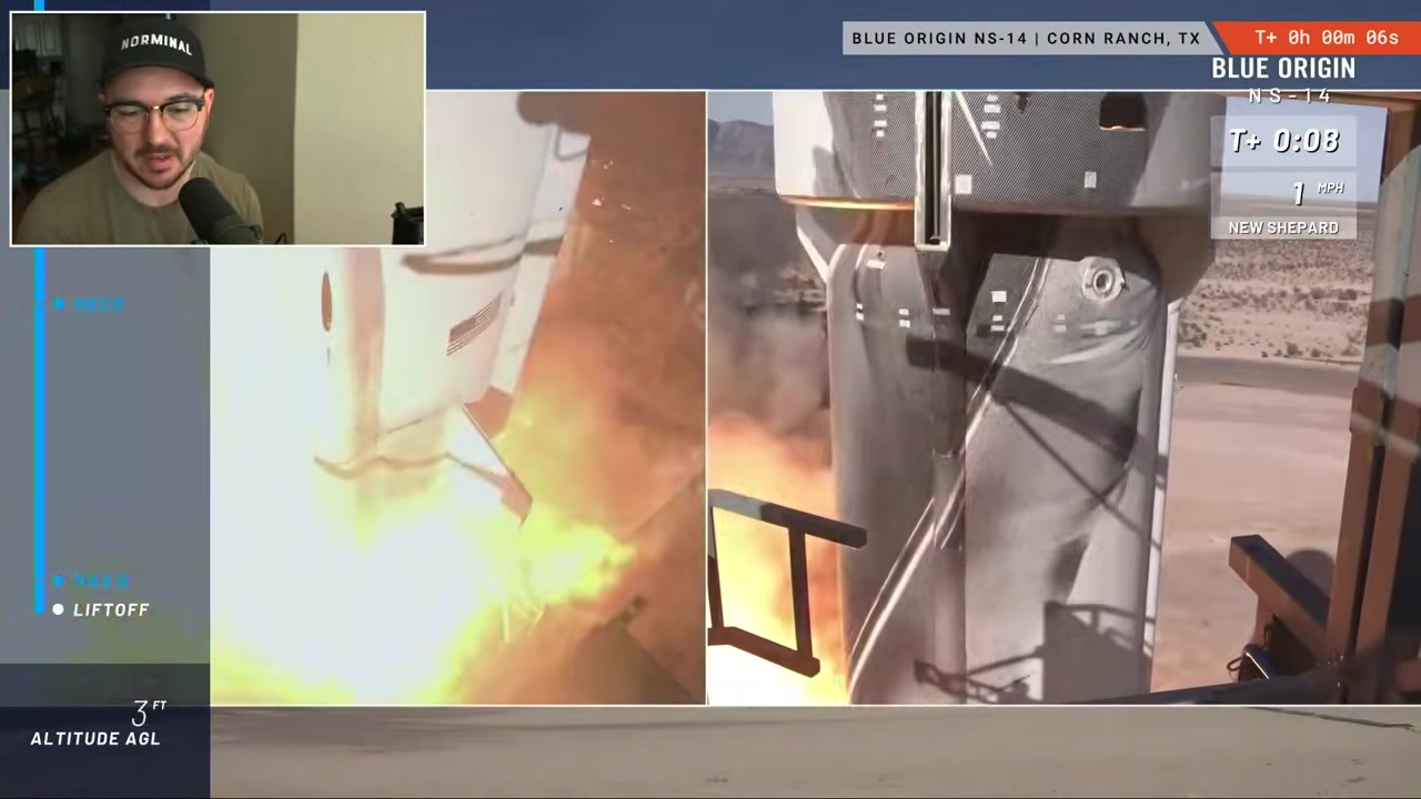New Shepard rocket lifting off with bright engine flame at the pad