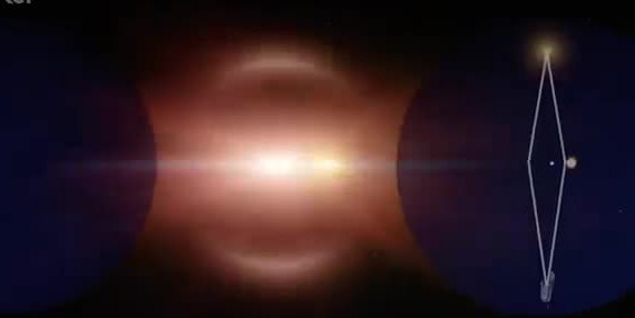 Diagram of a coronagraph blocking a star so a faint planet beside it can be seen.