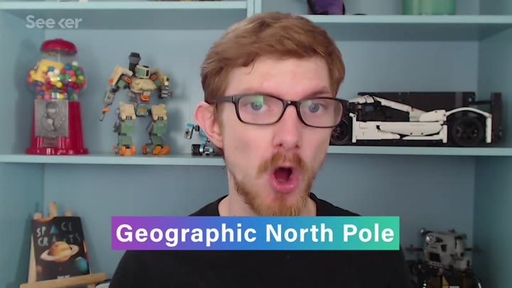 Presenter with an on-screen label for the geographic North Pole